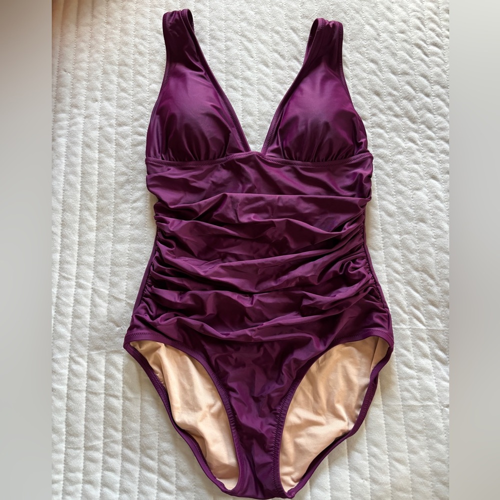 J. Crew Purple Ruched V-neck One-Piece Swimsuit size 10